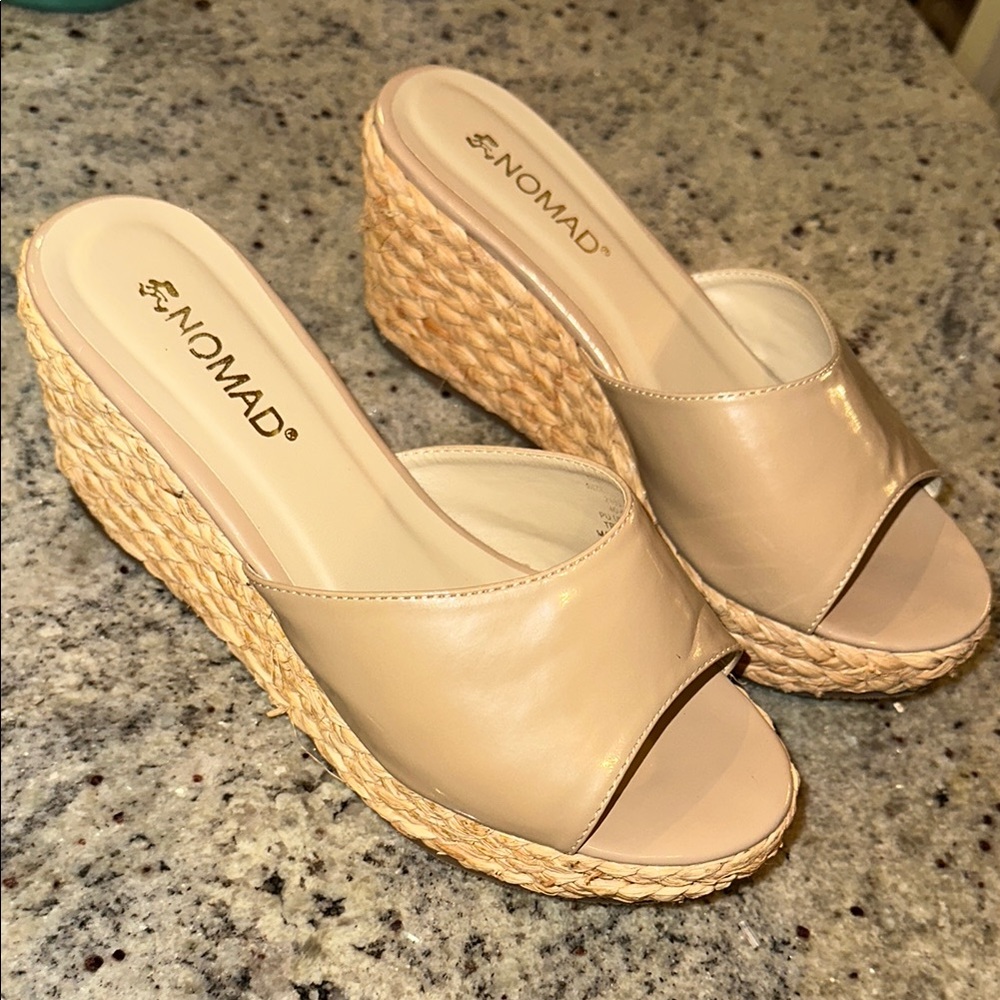 Nomad Cream and Tan Wedge Sandals with Peep-Toe